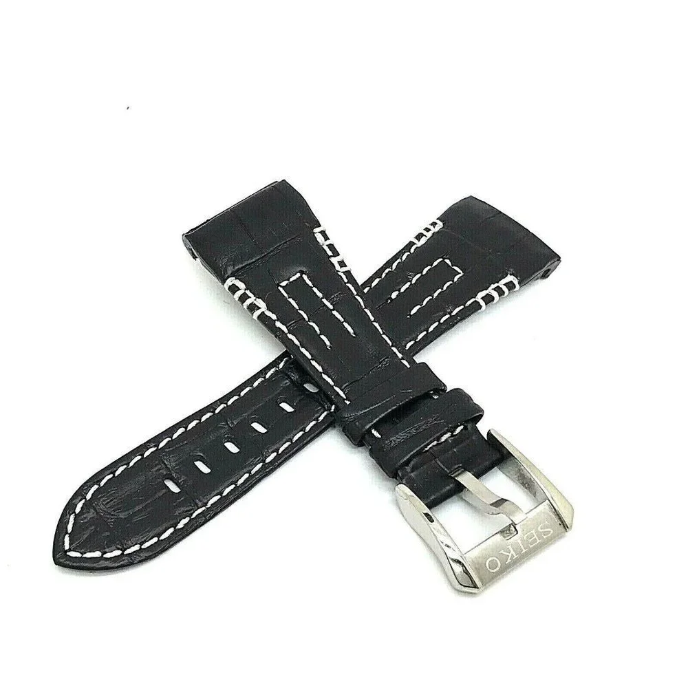 Seiko Men's Watch Replacement Band Black Leather Strap 26mm Lug 8''